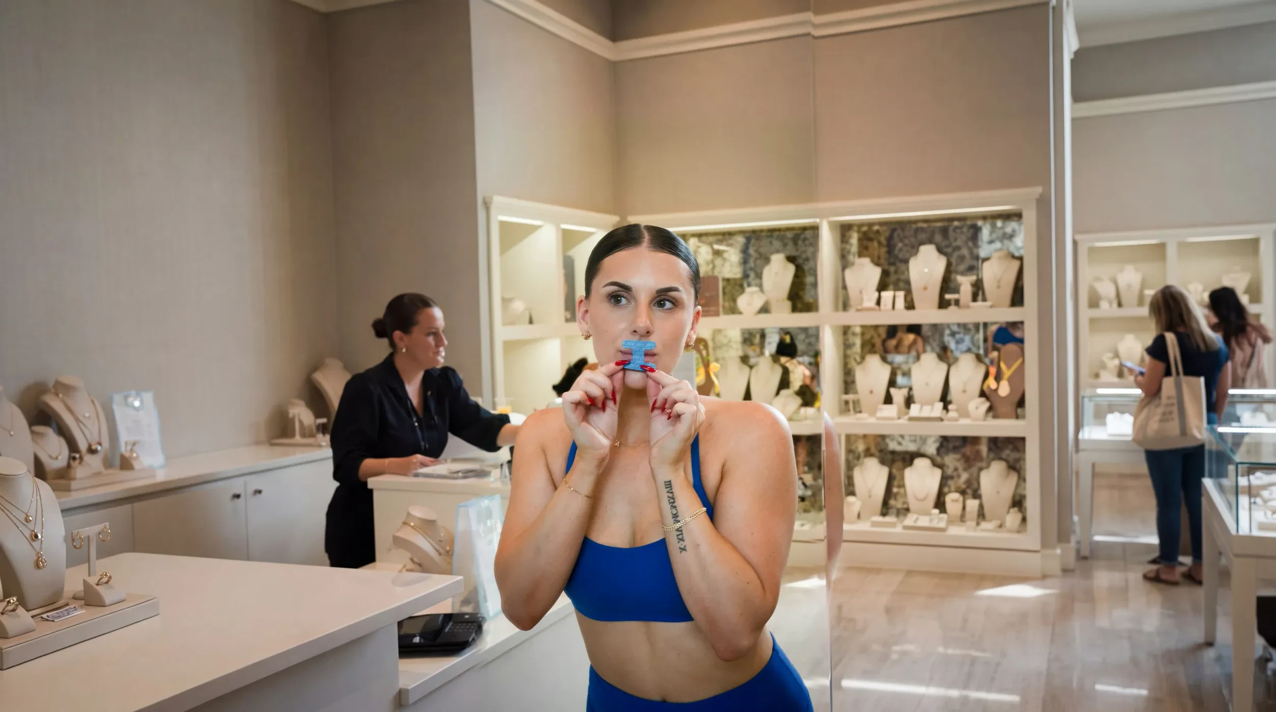 A woman in a blue sports bra pressing a strip of VIO2 mouth tape to her lips in a jewellery boutique